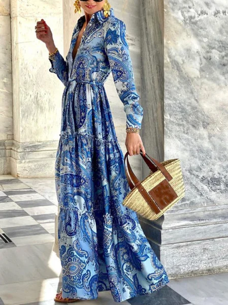 

Women Ethnic Shawl Collar Long Sleeve Comfy Casual Maxi Dress, Blue, Dresses