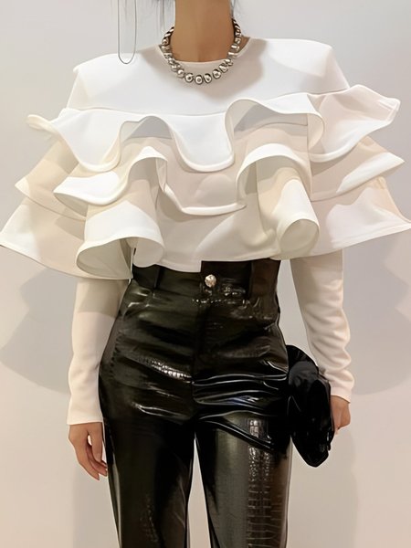 

Elegant Crew Neck Peplum Long Sleeve Blouse, White, Blouses and Shirts
