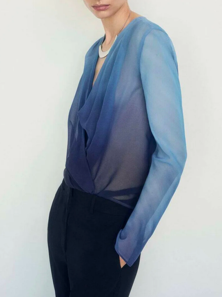

Gradient Pattern Printing Elegant Blouse, Blue, Blouses and Shirts