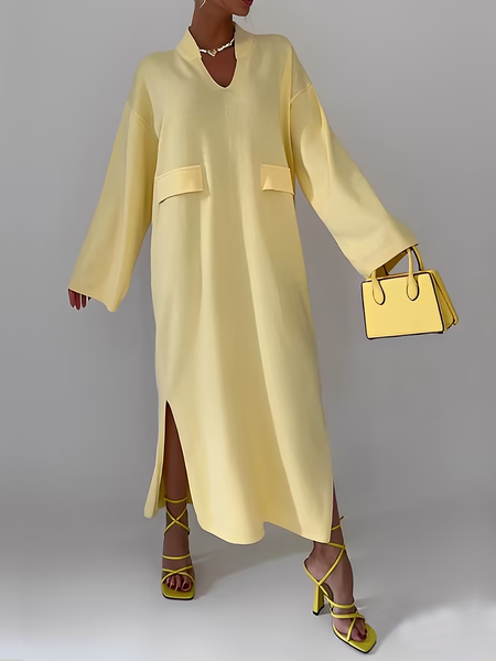 Medium Elasticity Regular Sleeve Loose Long Sleeve Casual Sweater Maxi Dress, Yellow, Maxi Dresses