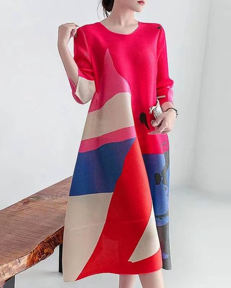Crew Neck Printing Urban Loose Dress, As picture, Midi Dresses