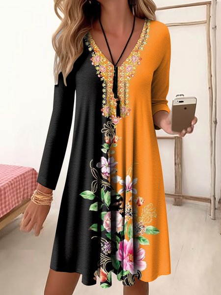 

Women's Long Sleeve Summer Floral Jersey Dress V Neck Daily Going Out Casual Midi A-Line TUNIC, Orange, Dresses