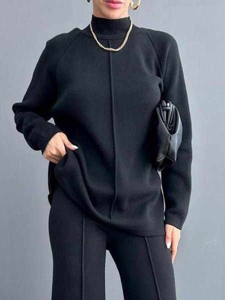 Raglan Sleeve Casual Loose Turtleneck Plain Sweater, Black, Pullovers