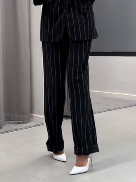 Pocket Stitching Urban Striped Fashion Pants, Black-white, Pants