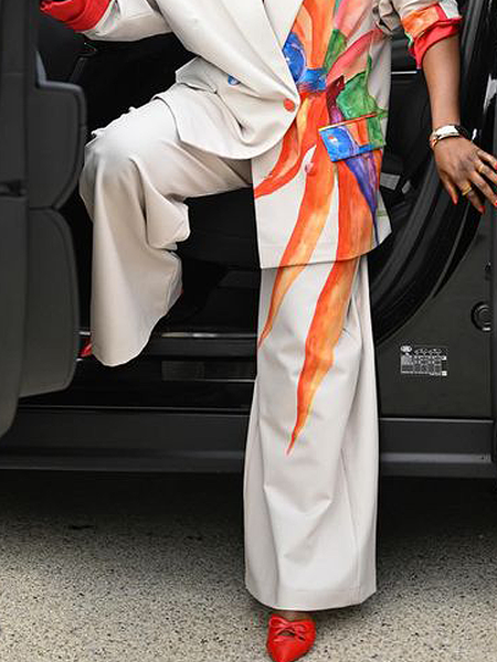 

Loose Floral Casual Pocket Stitching Loose Long Pants Straight pants, White, Pants