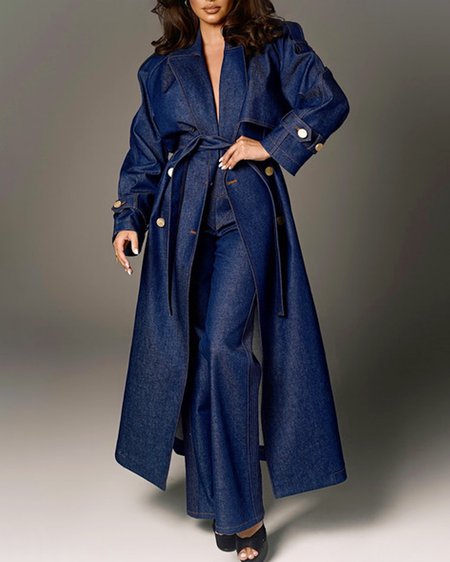 

Urban Regular Sleeve Distressing Loose Denim Coat With Belt, Blue, Others