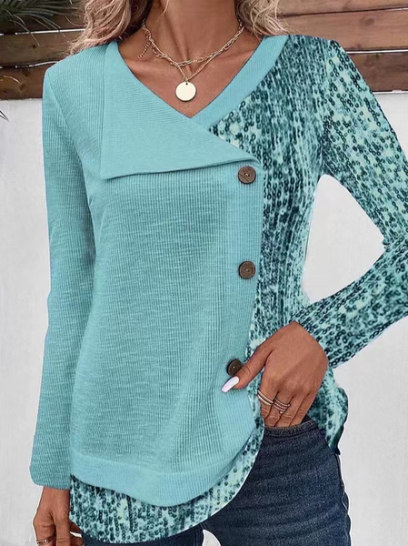 

V Neck Long Sleeve Plain Buttoned Regular Micro-Elasticity Loose Mock Two-Piece Blouse For Women, Light blue, Blouses