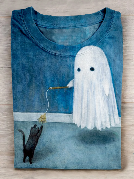 

Casual Halloween Crew Neck Long Sleeve T-shirt, Blue, T-shirts