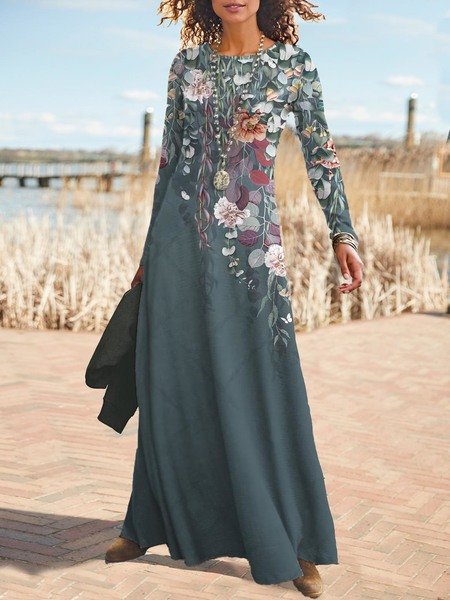 

Women's Long Sleeve Spring/Fall Floral Dress Crew Neck Daily Going Out Casual Maxi H-Line, Green, Dresses