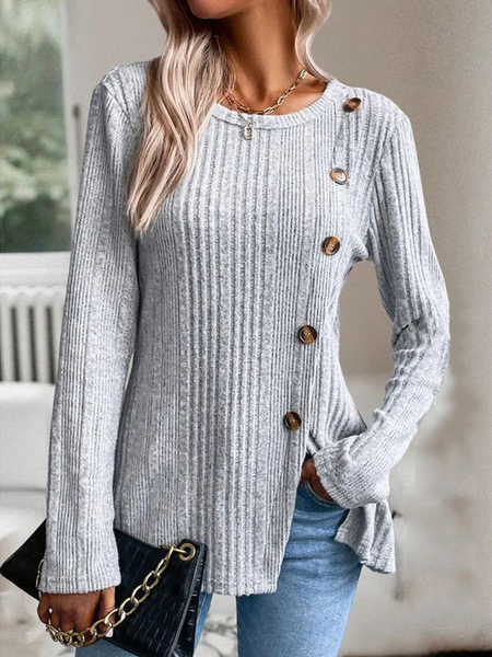 

Crew Neck Long Sleeve Plain Buttoned Regular Micro-Elasticity Loose Blouse For Women, Light gray, Blouses