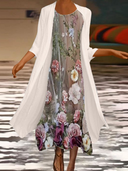 

Women Floral Three Quarter Sleeve Comfy Casual Coat With Skirt Two-Piece Set, Multicolor, Sets