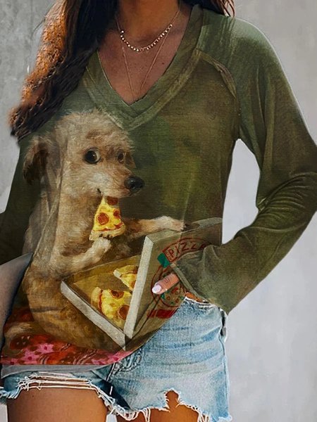 

Casual Dog V Neck Long Sleeve T-shirt, Darkgreen, T-shirts