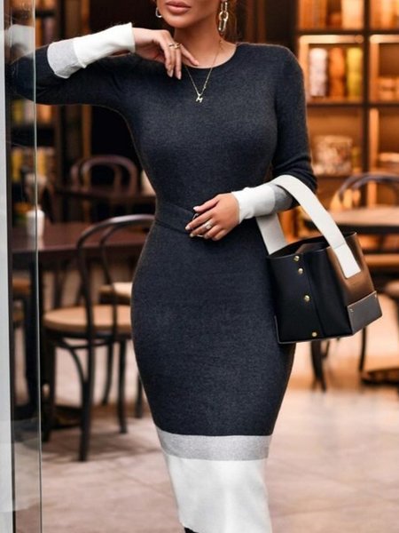 

Urban Color Block Tight Crew Neck Sweater Dress With Belt, Gray, Midi Dresses