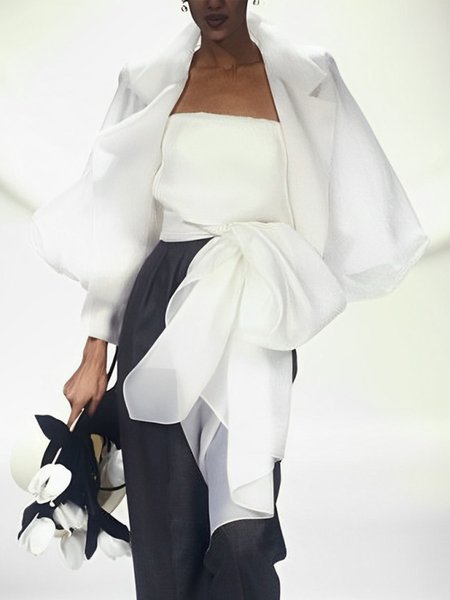 

Plain Elegant Balloon Sleeve Lapel Collar Two-Piece Set, White, Two-piece Set