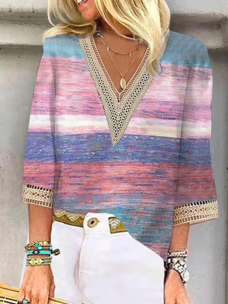 

V Neck Three Quarter Sleeve Floral Lace Regular Loose Shirt For Women, Multicolor, Shirts