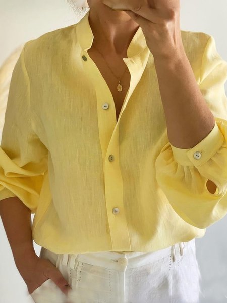 

Loosen Casual Stand Collar Regular Sleeve Shirt, Yellow, Blouses and Shirts