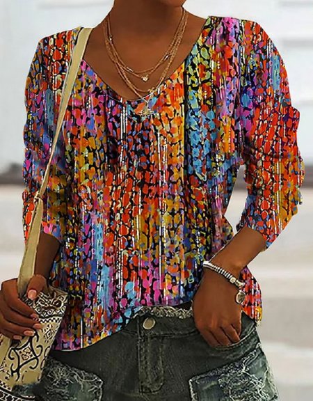 

Casual Abstract V Neck Three Quarter Sleeve T-shirt, Multicolor, T-shirts