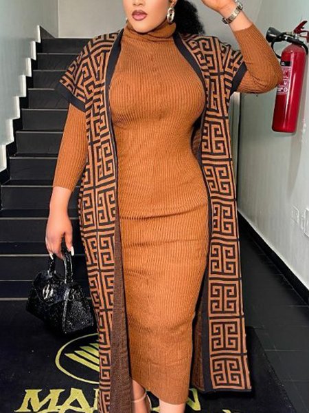

Plain Casual Long Sleeve Tight Sweater Midi Dress, Brown, Midi Dresses