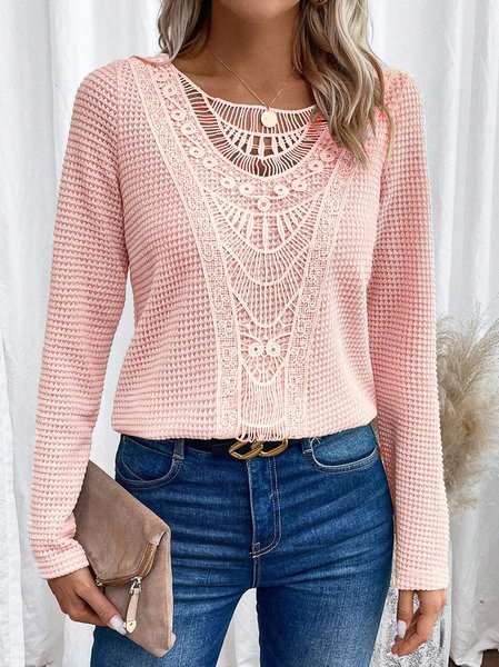 

Long Sleeve Geometric Lace Regular Micro-Elasticity Loose Blouse For Women, Pink, Blouses
