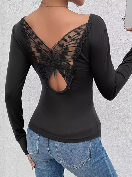 Casual Butterfly Crew Neck Three Quarter Sleeve T-shirt, Black, T-shirts