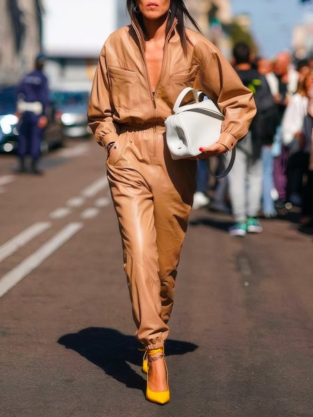 

Regular Fit Pocket Stitching Urban Shawl Collar Jumpsuit, Brown, Jumpsuits