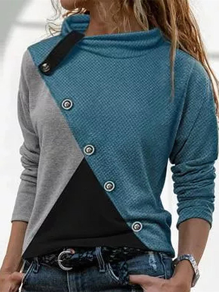 

Long Sleeve Color Block Buttoned Regular Micro-Elasticity Loose Blouse For Women, Blue, Blouses