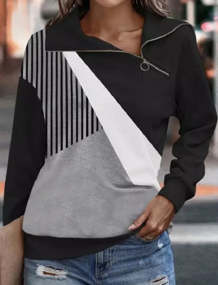

Casual Asymmetrical Collar Abstract Sweatshirt Zipper, Black, Hoodies & Sweatshirts