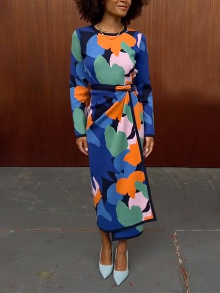 

Regular Fit Urban Random Print Long Sleeve Sweater Midi Dress, As picture, Midi Dresses