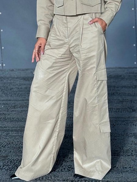 

Plain Urban Pocket Stitching Loose Cargo Pants, Light khaki, Pants