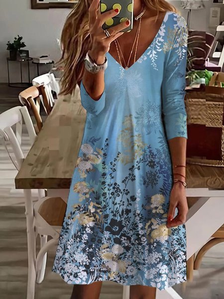 

Women's Long Sleeve Summer Floral Jersey Dress V Neck Daily Going Out Casual Midi A-Line TUNIC, Blue, Dresses