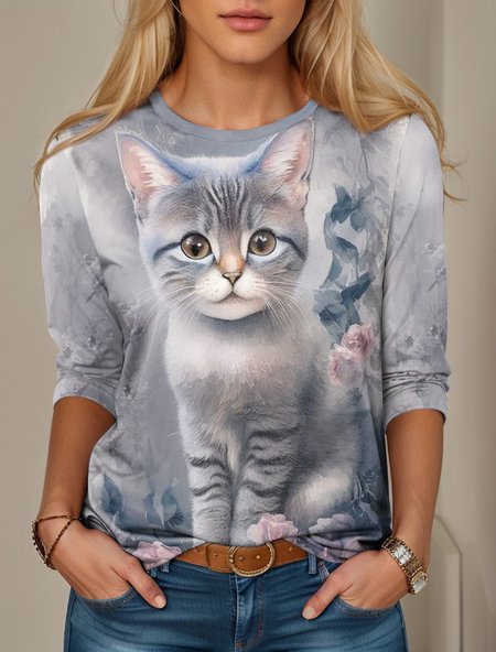 

Casual Cat Crew Neck Long Sleeve T-shirt, Gray, T-shirts