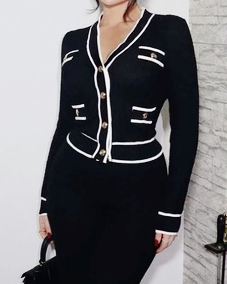 

V Neck Buckle Urban Cardigan, Black, Cardigans