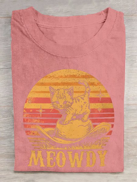 

Meowdy Cute Kitten Cat Country Western Cowgirl Vintage Cotton T-shirt, Orange pink, T-shirts