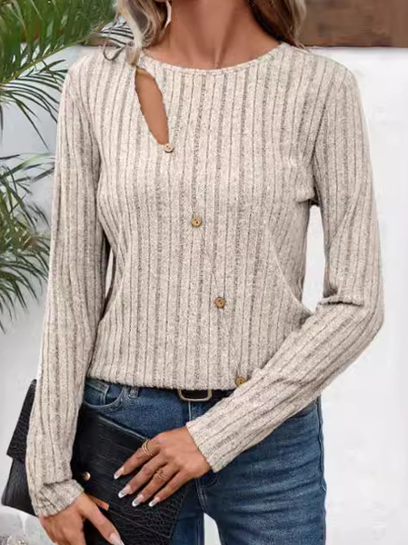

V Neck Long Sleeve Plain Buttoned Regular Micro-Elasticity Loose Blouse For Women, Apricot, Blouses