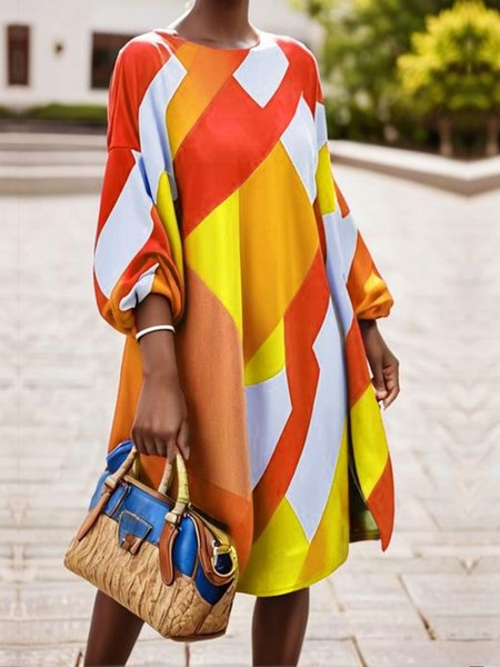 

Colorblock Loose Urban Long Sleeve Crew Neck Dress, Multicolor, Midi Dresses