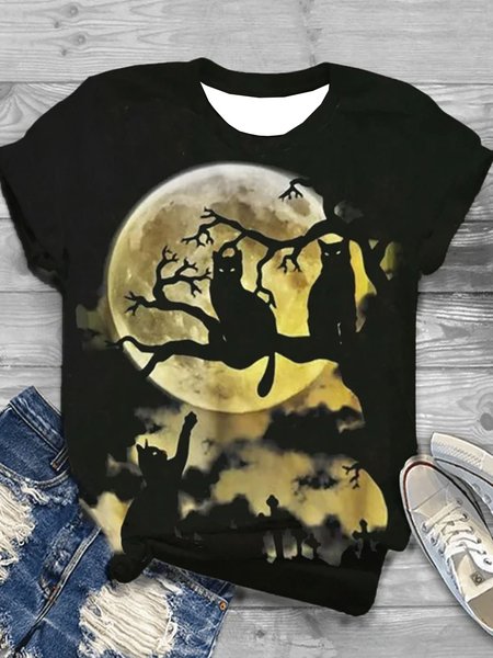 

Casual Cat Crew Neck Short Sleeve T-shirt, Black, T-shirts