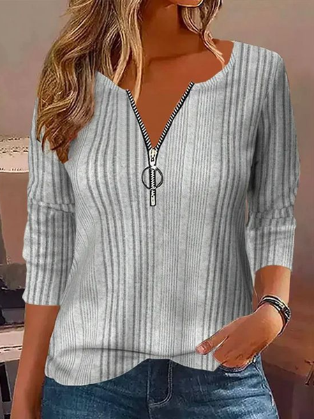 V Neck Long Sleeve Plain Zipper Regular Micro-Elasticity Loose Blouse For Women, Gray, Blouses