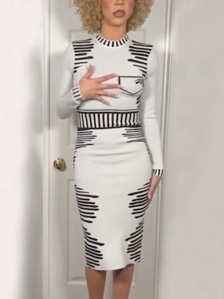 

Tight Elegant Long Sleeve Color Block Sweater Dress, Black-white, Midi Dresses