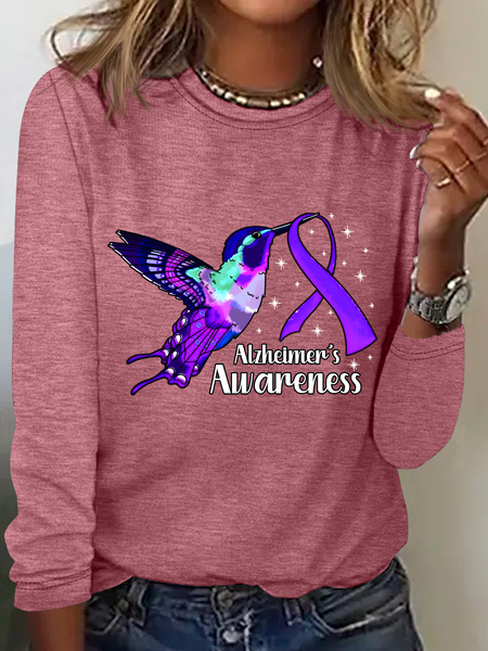 

Alzheimers Awareness Humming Bird Casual Long Sleeve Shirt, Watermelon, Long sleeves