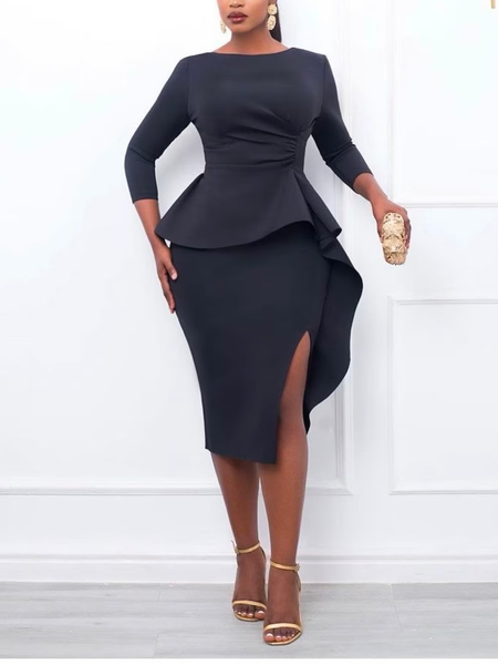 

Crew Neck Regular Sleeve Plain Elegant Party Dress, Black, Midi Dresses
