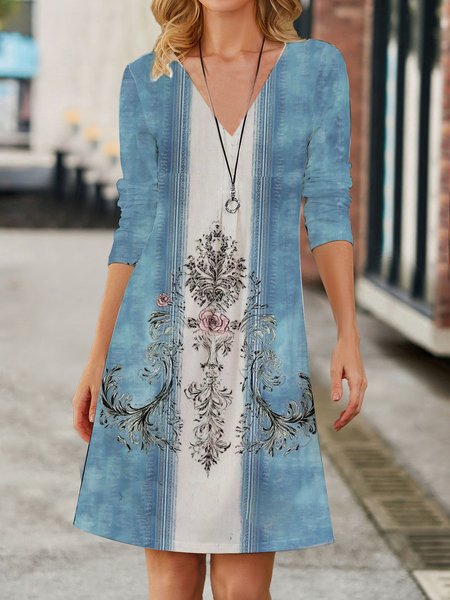 Ethnic Design V Neck Loose Long Sleeved Dress