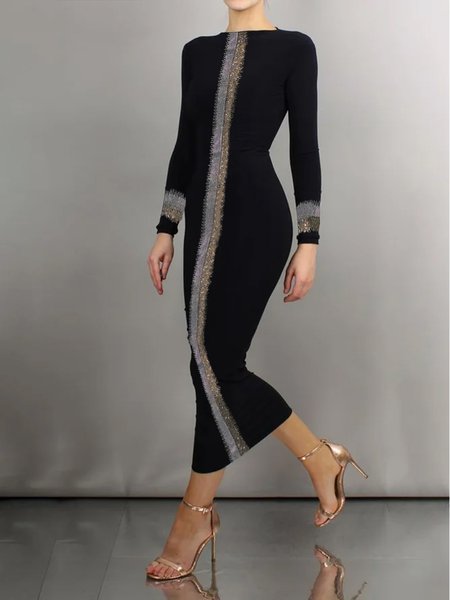 Plain Urban Long Sleeve Tight Hot Drilling Maxi Dress, Black, Maxi Dresses