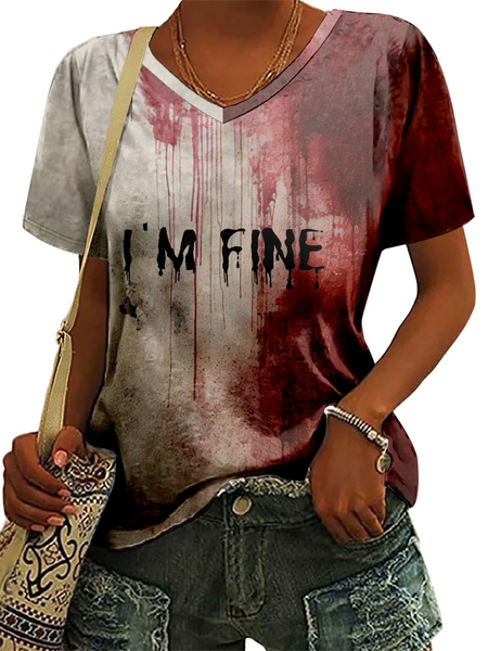 

Women's Bloody I'm Fine Halloween Print V-Neck T-Shirt, As picture, T-shirts