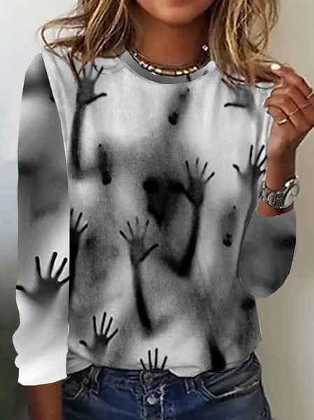 Casual Halloween Crew Neck Long Sleeve T-shirt, Gray, T-shirts