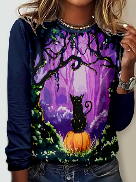 

Casual Halloween Pumpkins And Cat Print Crew Neck Long Sleeve T-shirt, Multicolor, T-shirts