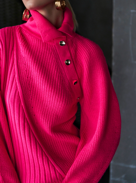 

Casual Buttoned Asymmetrical Raglan Sleeves Sweater, Rose red, Pullovers