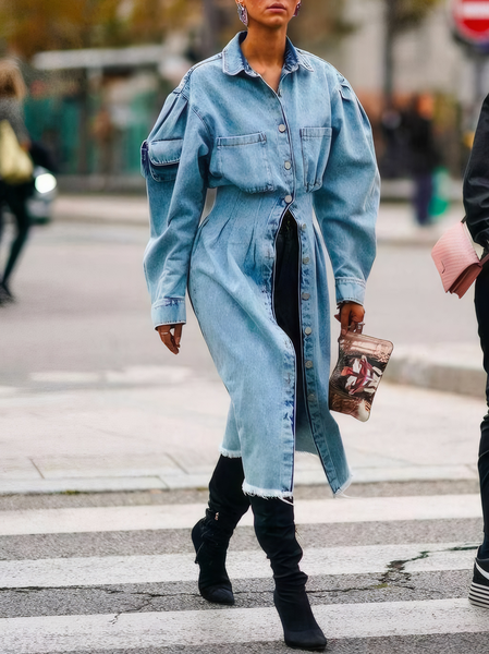 

Shirt Collar Balloon Sleeve Urban Loose Denim Coat, Blue, Jackets