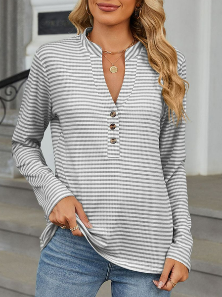 Women's Long Sleeve Blouse Spring Fall Pink Striped Buckle V Neck Daily Going Out Casual Top