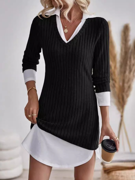

Women's Long Sleeve Spring/Fall Color Block Dress V Neck Daily Going Out Casual Mini H-Line Mock Two-Piece, Black, Dresses
