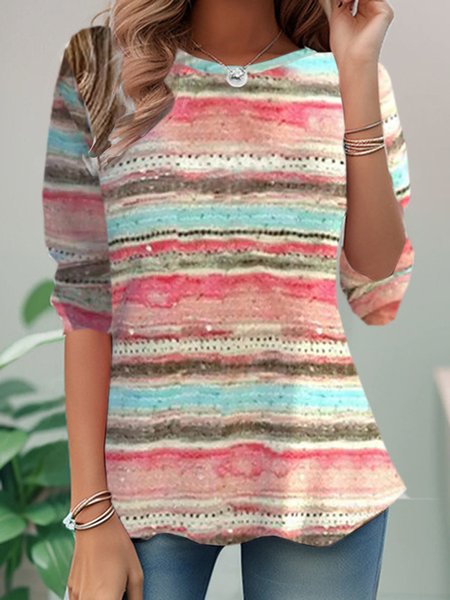 

Casual Striped Crew Neck Long Sleeve T-shirt, Pink, T-shirts